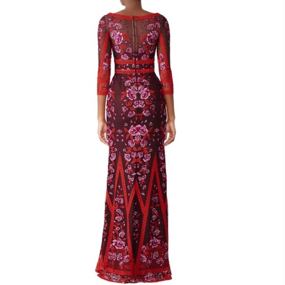 MARCHESA NOTTE Wine Floral Lace  Mesh Embroidered  Gown Red Pink Purple Size 8 - Picture 2 of 11
